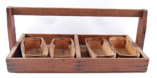 Antique Primitive Wood Tool Caddy with Strawberry Baskets