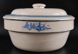 Antique Stoneware Storage Bowl with Lid and Windmill Design