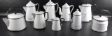 Group of 9 White Enamelware Coffee Pots