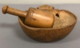 Antique Wooden Burl Bowl and Treenware Masher