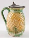 Antique Majolica Pineapple Pattern Syrup w/ Hinged Pewter Lid