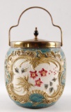 Antique Majolica Biscuit Jar with Ornate Floral Design