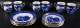 Group of 18 Antique Flow Blue Cups, Saucers, and Plates