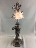 Cherub Playing A Flute Lamp w/ Tiered Ruffled Blown Glass Shade