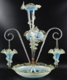 Antique Opalescent and Green Vaseline Glass Epergne with Hanging Baskets and Ruffled Pressed Edge