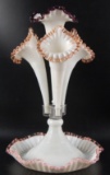 Vintage Fenton Milk Glass with Pink and Amethyst Ribbon and Ruffled Edge Epergne