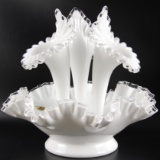 Vintage Fenton Milk Glass with Clear Ribbon and Ruffled Edge Epergne