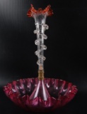 Antique Cranberry Glass Ribbon and Ruffled Edge Epergne with Applied Spiral