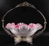 Antique Pink and White Cased Glass Brides Basket with Ribbon and Ruffled Edge