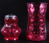 Group of 2 : Antique Cranberry Coin Dot Sugar Shaker and Celery Vase