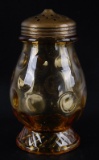 Antique Amber Glass Coin Dot with Cross Hatched Foot Sugar Shaker