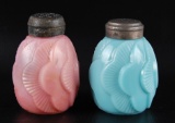 Pair of Antique Pink and Blue Milk Glass Salt and Pepper Shakers