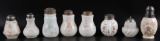 Group of 8 : Antique Milk Glass Salt and Pepper Shakers with Applied Floral Motifs