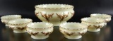 Antique Custard Glass Opaque Scroll Pattern Gold Gilt Master Bowl with 6 Serving Bowls