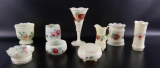 Group of 9 : Antique Custard Glass Pieces with Hand Painted Open Rose Design