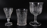 Group of 3 : Northwood Singing Birds Clear Carnival Glass Goblets and Tumbler