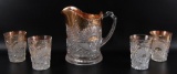 Antique Early American Pattern Glass Rising Sun Pitcher with 4 Tumblers