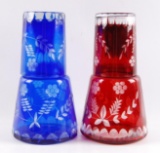 Group of 2 : Vintage Blue and Red Color Cut To Clear Tumble Up Pitchers