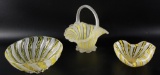 Group of 3 : Vintage Murano Yellow Ribbon Glass Bowls and Basket
