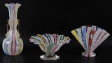 Group of 3 : Vintage Murano Ribbon Glass Vases and Bowl