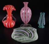 Group of 4 : Vintage Murano Ribbon Glass Vases and Bowl
