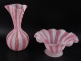 Vintage Murano Satin Ribbon Glass Vase and Bowl