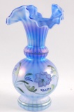 Fenton Signed Blue Harmony Vase with Hand Painted Floral Design