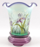 Fenton Signed Aqua Opalescent Vase with Base and Hand Painted Floral Design