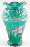 Fenton Signed Iridescent Green Vase Hand Painted Floral Design
