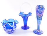 Group of 3 : Fenton Cobalt Blue Glass Vases and Basket