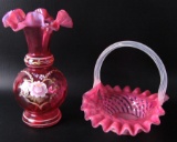 Group of 2 : Fenton Pink Glass Vase and Basket