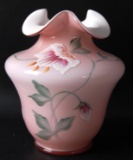 Fenton Signed Pink and White Cased Glass Hand Painted Vase