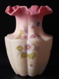 Fenton Signed Burmese Glass Ruffled Edge Vase with Hand Painted Floral Design