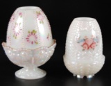 Group of 2 : Fenton Signed Iridescent Milk Glass Fairy Lamps