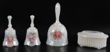 Group of 4 : Fenton Signed Iridescent Milk Glass Bells and Covered Dish