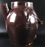 Antique 1 Gallon Brown Stoneware Pitcher with Handle and Spout