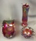 Group of 3 : Vintage Ruby Red Iridescent Carnival Glass Vase and Bowls