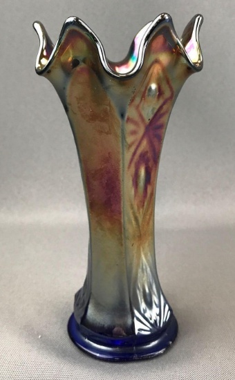 Vintage Blue Iridescent Carnival Glass Vase