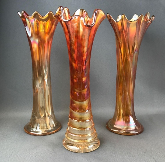 Group of 3 : Vintage Marigold Iridescent Carnival Glass Vases