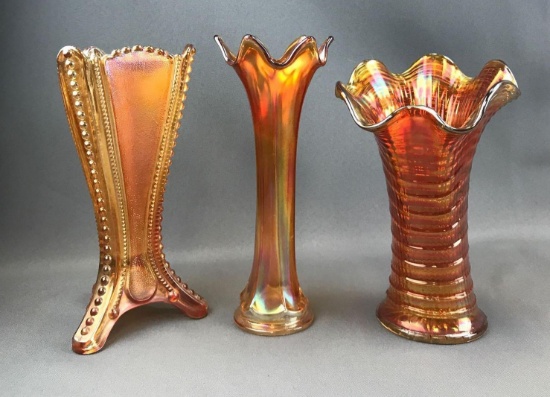 Group of 3 : Vintage Marigold Iridescent Carnival Glass Vases