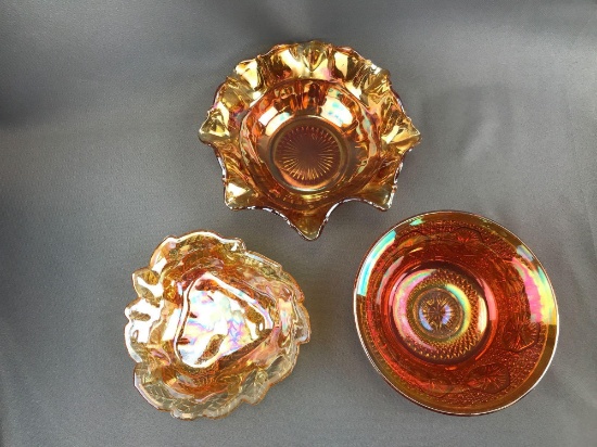 Group of 3 : Vintage Marigold Iridescent Carnival Glass Bowls