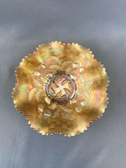 Vintage Northwood Marigold Iridescent Strawberry/ Basketweave Design Carnival Glass Ruffled Bowl
