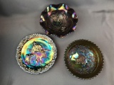 Group of 3 : Vintage Fenton Iridescent and Carnival Glass Plates and Bowls