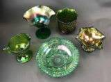 Group of 5 : Vintage Green Iridescent Carnival Glass