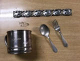 Lot of  Sterling Silver Items:  117 grams -  Baby Cup, Fork, Spoon and Bracelet