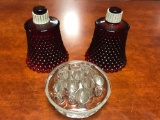 Lot of Glass Pieces : Ruby Red Hobnail Shades and Frog