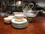 Glass Candy Dish, Tea Cups and Saucers