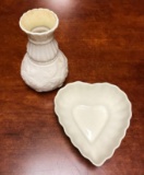 Lot of 2 : Classic Belleek China Pieces - Heart jewelry dish and vase
