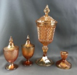 Group of 4 : Vintage Marigold Iridescent Carnival Glass Compotes and Candle Holder