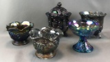 Group of 5 : Vintage Amethyst Carnival Glass - Covered Bonbon, Open Candy, Candle Holder, and Bowls
